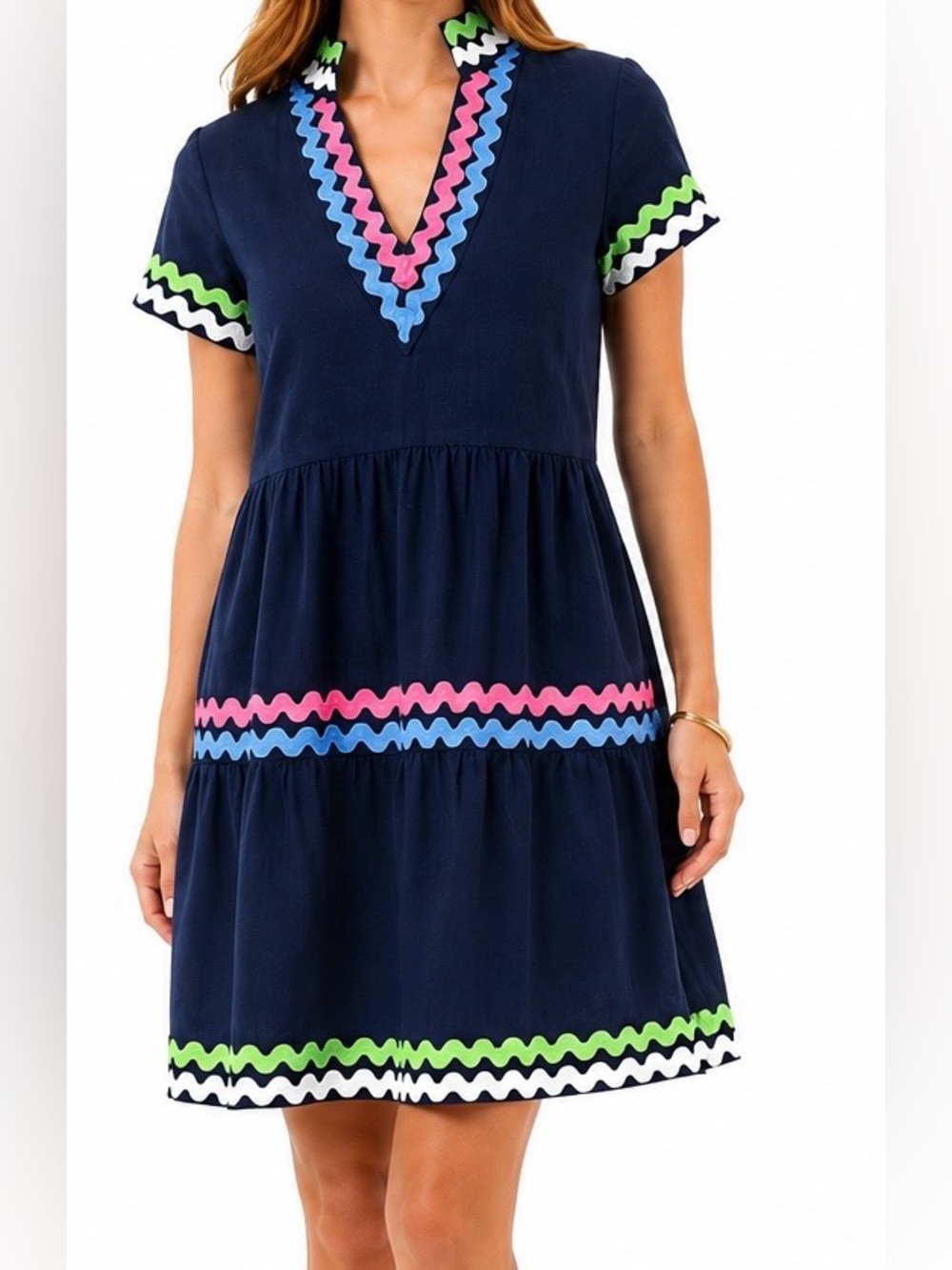 Sail to Sable Ric Rac Trim Tiered Linen Blend Shift Dress Navy Size Small